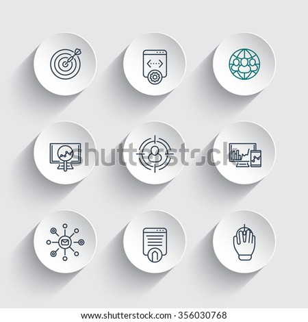 seo line icons on round 3d shapes, search engine optimization, internet marketing, website indexing, seo tools, vector illustration