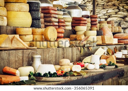Dairy products and vegetables. Grocery shop. Food theme. Royalty-Free Stock Photo #356065391