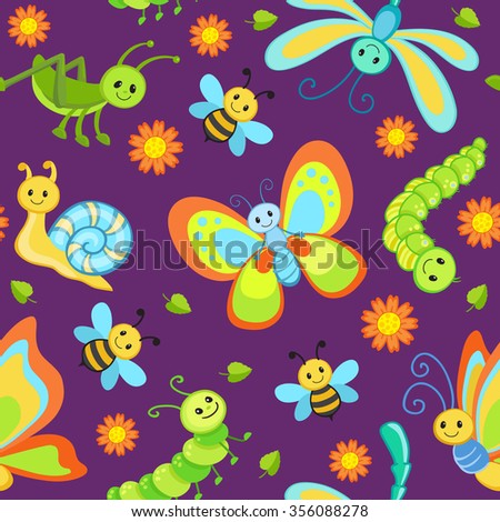 Cute seamless patterns with cartoon happy insects.
