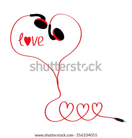 Earphones and red cord in shape of three hearts. Word love. White background. Isolated. Flat design. Vector illustration.