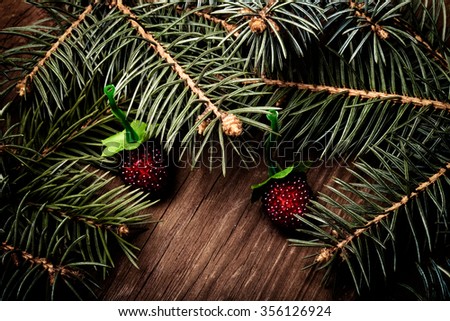 Christmas tree branch and berries on a wooden table or board for background. New year theme. Toned.