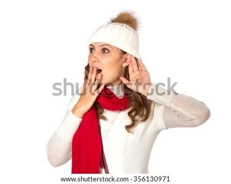 Lovely girl pretend to hear something, isolated on white