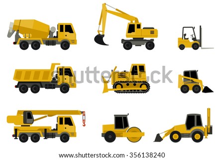 Construction machines in flat style. Vector icons of building machinery.