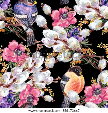 Bird bullfinch, willow, watercolor, pattern seamless