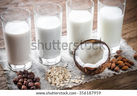 Different types of non-dairy milk Royalty-Free Stock Photo #356187959
