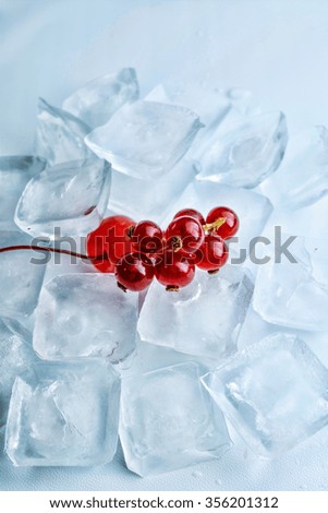 Red currant  and cherry on ice cube on white.  Toned, colored image.