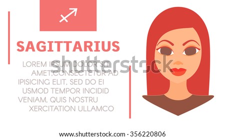 Flat style illustration of girl with sagittarius zodiac sign and text of astrological prediction. Women's magazine horoscope background. Esoteric banner with astrological prognosis on white background