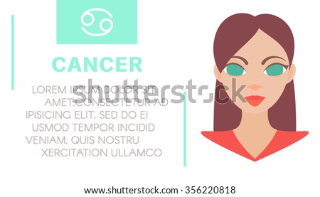 Flat style illustration of girl with cancer zodiac sign and sample text of astrological prediction.Women's magazine horoscope background.Esoteric banner with astrological prognosis on white background