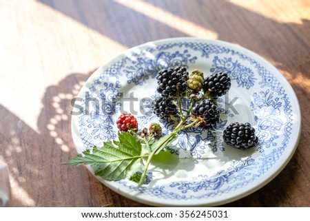 
Blackberries in a white plate.