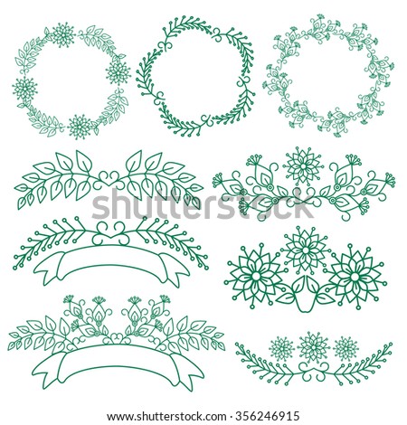Floral Frame Collection. Wedding set flowers, wreaths, ribbons. Vector illustration