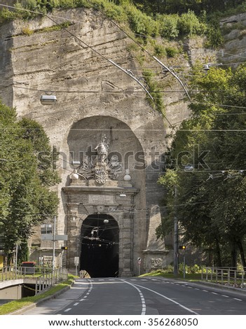 Siegmundstor or Neutor Tunnel connects the Altstadt Salzburg town centre with the city districts of Riedenburg, Maxglan and Leopoldskron. It was built between 1764 and 1767. Austria.