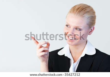 Young Businesswoman pointing to the side