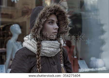 Portrait of young girl Winter Christmas New year time