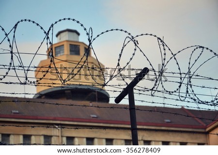 Barbed wire fence attached around prison walls Royalty-Free Stock Photo #356278409