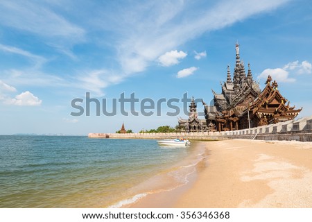 the sanctuary of truth on the seashore in pattaya,  thailand. Royalty-Free Stock Photo #356346368