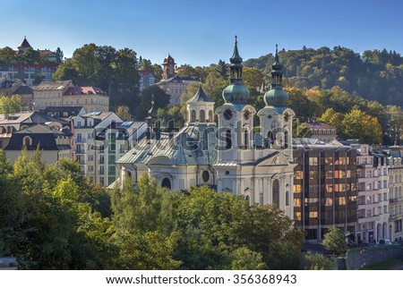View of Karlovy Vary with Church of St. Mary Magdalene, Czech republic Royalty-Free Stock Photo #356368943