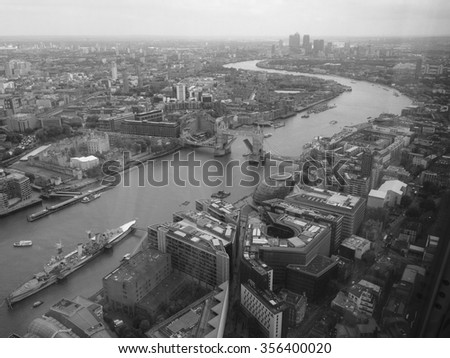 Aerial view of River Thames in London, UK in black and white