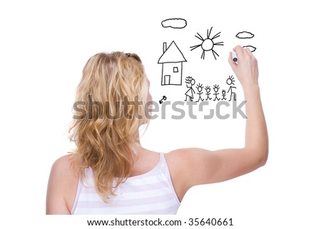 Full isolated portrait of a beautiful caucasian woman drawing a family picture