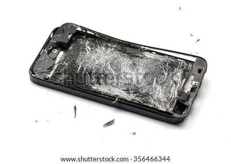 Modern mobile smartphone with broken screen isolated on white background