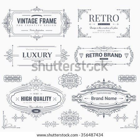  Collection of vintage patterns. Flourishes calligraphic ornaments and frames. Retro style of design elements, postcard, banners, logos. Vector template