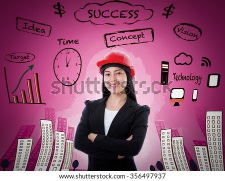 Asian attractive professional female contractor wearing red hard hat on pink background. Decision making process concept. Young female has many ideas way to success. 