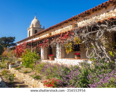 Mission Carmel is a Roman Catholic mission church in Carmel-by-the-Sea, California. Royalty-Free Stock Photo #356553956