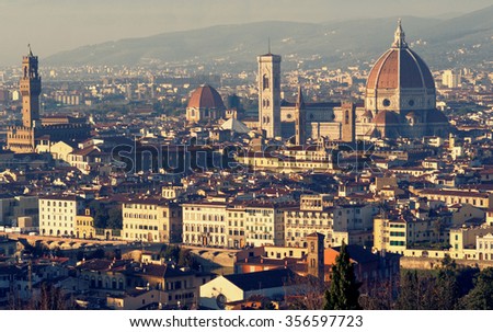 Classic view of Florence, prime portrait lens, sunset shot, toned image