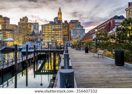 Boston in Massachusetts, USA with its mix of modern and historic architecture at night.