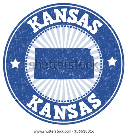 Grunge rubber stamp with the name and map of Kansas, vector illustration