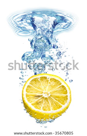 A background of bubbles forming in blue water after lemon is dropped into it.
