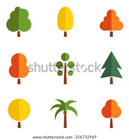set of nine isolated colorful trees silhouette on origami style