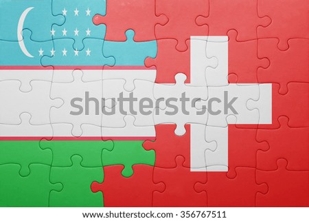 puzzle with the national flag of switzerland and uzbekistan . concept