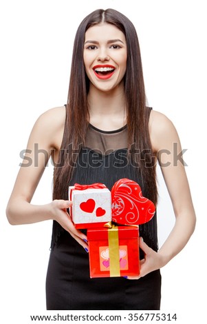 Attractive woman with gift box, isolated on white