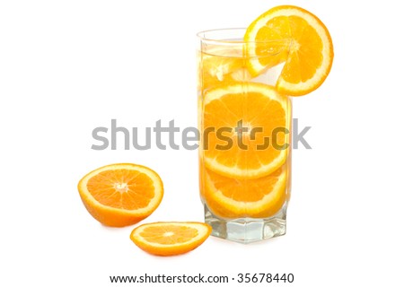 Juicy oranges in glass on isolated background.