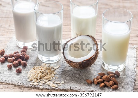 Different types of non-dairy milk Royalty-Free Stock Photo #356792147