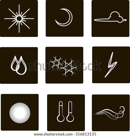 Weather flat square icons. White outlines, clouds, fog, moon, sun, rain, snow, storm, temperature, wind against a black background. Hand drawing, line design, design element, vector