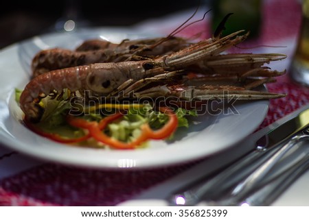 Photo closeup of delicious hot orange prawns shrimps shellfish grilled sea fish cooked with vegetables on one big white porcelain flat plate table set on blurred background, horizontal picture 