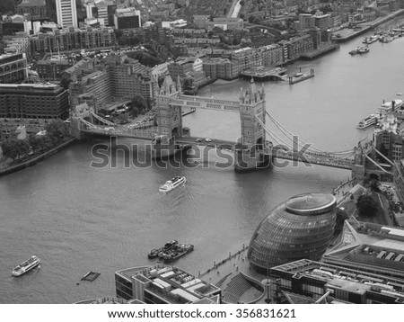 Aerial view of River Thames in London, UK in black and white