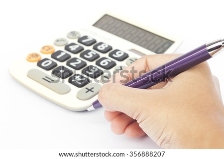 Calculator with hand isolated on white background, stock photo