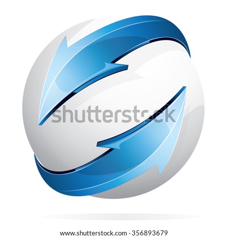 Vector illustration of glowing white sphere and blue arrows isolated on white