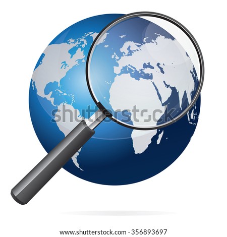 Vector illustration of blue earth with white continents world map and magnifying glass isolated on white