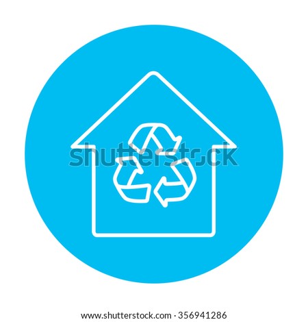 House with recycling symbol line icon for web, mobile and infographics. Vector white icon on the light blue circle isolated on white background.