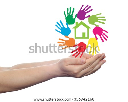 Concept or conceptual green house or building sign or symbol with child or human handprints circle isolated on white background, metaphor to environment, home, eco, ecology, peace, energy home