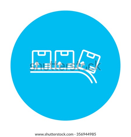 Cardboard box on conveyor belt line icon for web, mobile and infographics. Vector white icon on the light blue circle isolated on white background.