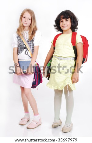 School children with bags and books, isolated