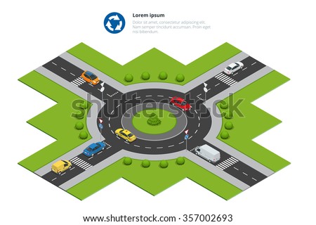 Isometric Roundabout. Circular intersection or junction in which road traffic flows almost continuously in one direction around a central island. City Traffic  Royalty-Free Stock Photo #357002693
