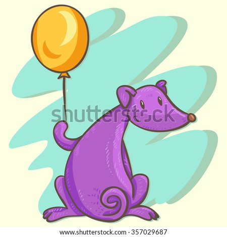 cute violet cartoon dog sitting with orange air balloon in paw