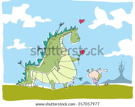 vector cartoon Dragon and princess