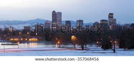 View of downtown Denver at night the lake and geese in the foreground, Colorado, USA