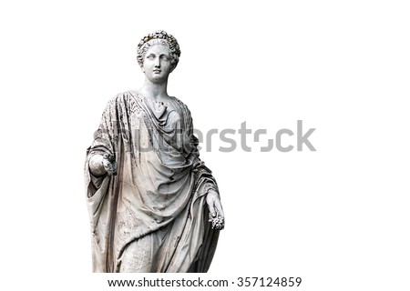 Marble statue of roman Ceres or greek Demeter isolated on white from the park of the Palace and park complex Estate of G. Galagan. Sokyryntsi village, Ukraine Royalty-Free Stock Photo #357124859